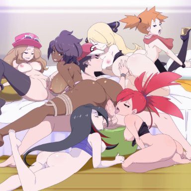 1boy, 6girls, all fours, anus, areolae, ass, asymmetrical hair, azami (pokemon), back, bare shoulders, barefoot, bed, big ass, big penis, black hair