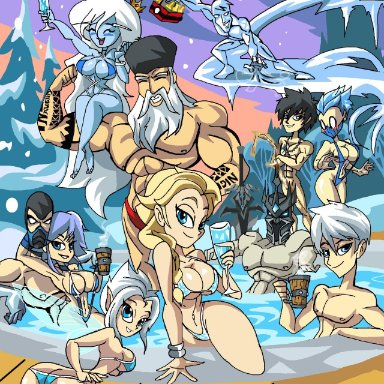 5boys, 5girls, abs, adventure time, arms up, arthas menethil, back view, bare shoulders, barefoot, beer, bent over, big breasts, bikini, bikini bottom, bikini top