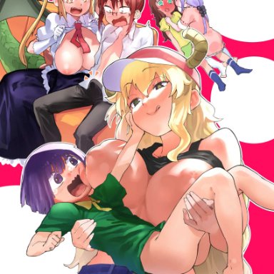 :q, 2boys, 4girls, age difference, blonde hair, blue shorts, blush, breasts, breasts outside, brown hair, carrying, dragon girl, dragon horns, dragon tail, dragon wings