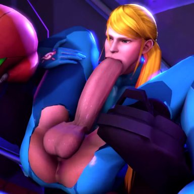 3d, animated, autofellatio, blackjr, blonde hair, blue eyes, erection, fellatio, futa, futa only, futanari, huge cock, large penis, metroid, nintendo