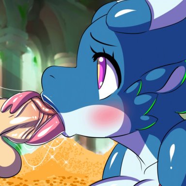2017, animated, anthro, balls, big penis, blue scales, blush, bouncing breasts, breasts, clothing, deep throat, deepthroat, detailed background, dragon, fabianoferreira