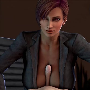 3d, animated, breasts, brown hair, cleavage, clothed, clothing, cum, dead or alive, female, interracial, large breasts, male, paizuri, penis