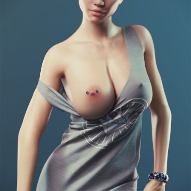 3d, areolae, balls, breasts, cleavage, erection under clothes, forged3dx, futa only, futanari, looking at viewer, nipple piercing, nipples, penis, penis under clothes, piercing