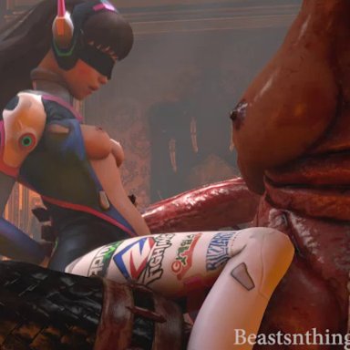 3d, bdsm, beastsnthings, big breasts, blindfold, bodysuit, breasts, d.va, demon, futa on female, futanari, hands tied behind back, horsecock, monster, no sound