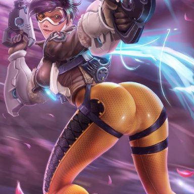 1girl, ass, dat ass, female, female only, looking at viewer, looking back, ninjartist, overwatch, solo, tight clothes, tracer