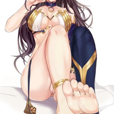 anus, bare shoulders, black hair, blush, breasts, crown, earrings, fate (series), fate/grand order, feet, female, hair ribbon, highres, hoop earrings, ishtar (fate/grand order)