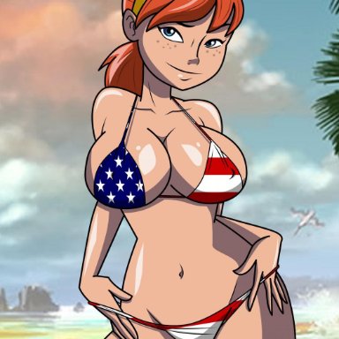 american flag bikini, april o'neil, april o'neil (tmnt 2012), beach, bikini, bimbo, blue eyes, breasts, busty, cleavage, freckles, grimphantom, hourglass figure, navel, tagme