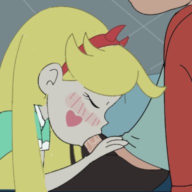 animated, blonde hair, blush, clothes, fellatio, female, holding penis, long hair, male, marco diaz, oral, pants open, penis, room, sitting
