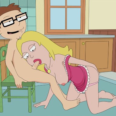 all fours, american dad, animated, ass, barefoot, blonde hair, breasts, brown hair, chair, fellatio, female, fingering, francine smith, glasses, incest