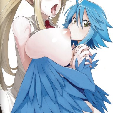 ass, bottomless, breast sucking, breasts, centaur, centorea shianus, harpy, highres, huge breasts, monster girl, monster musume no iru nichijou, papi (monster musume), tamagoro, tamagoroo (funifuni labo), yuri