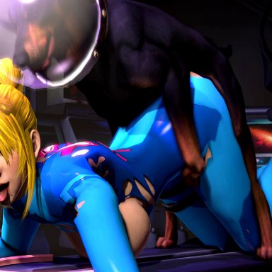 3d, ahe gao, ahegao, all fours, blonde hair, blueberg, breasts, canine, dead or alive, dog, doggy style, green eyes, human, interspecies, metroid