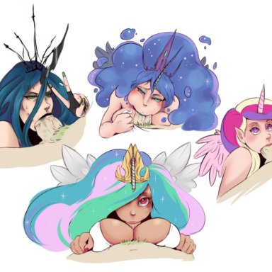 2014, alicorn, alternate species, animal ears, balls, big breasts, blue feathers, blue hair, breasts, cheek bulge, cleavage, deepthroat, erection, feathered wings, feathers