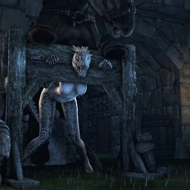 1boy, 1girl, 3d, animated, argonian, bent over, breasts, duo, female, froggysfm, from behind, horse, interspecies, legs, lizard