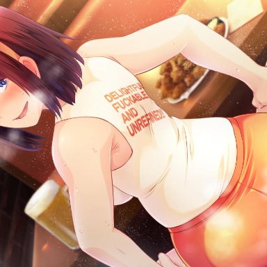 ass, backboob, bare arms, beer, blue eyes, blush, bottomless, breasts, brown hair, butcha-u, clothed sex, female, food, from behind, game cg