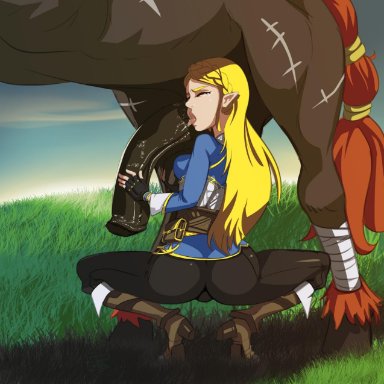 1girl, animal genitalia, ass, breath of the wild, dat ass, erection, fellatio, female, high heels, horse, horsecock, huge cock, hylian, interspecies, licking