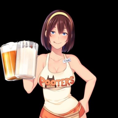 ;q, bare arms, bare legs, bare shoulders, beer, beer mug, blue eyes, blush, breasts, brown hair, butcha-u, cleavage, closed mouth, crotchless, cum