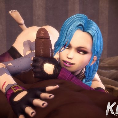 3d, animated, ass, barefoot, bbc, blue hair, dark-skinned male, female, gloves, handjob, interracial, jinx (league of legends), kreamu, league of legends, legs up