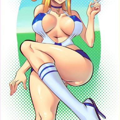 big breasts, bimbo, blonde hair, breasts, cigarette, cleavage, fairy tail, female, female only, high heels, large breasts, lucy heartfilia, panties, solo, supersatanson