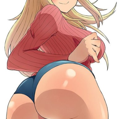 1girl, artist request, ass, atago (kantai collection), back view, big ass, blonde hair, breasts, bubble butt, clothed, female, female only, hat, hot pants, huge ass