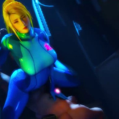 1boy, 1girl, 3d, animated, big breasts, blonde, cowgirl position, dead or alive, female, girl on top, kalypsofx, latex, male, metroid, nintendo