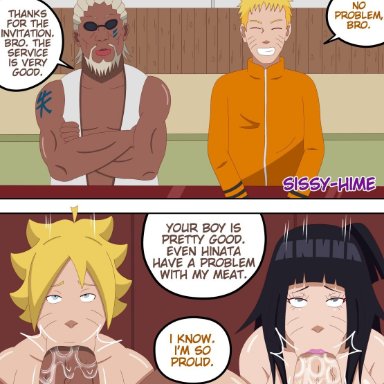 :&gt;=, 3boys, blonde hair, blue eyes, boruto uzumaki, dark skin, dark-skinned male, fellatio, female, incest, interracial, killer bee, naruto, oral, penis