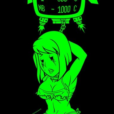 breasts, chains, collar, fallout, fallout 4, female, hands behind head, huge breasts, restrained, ruthlesspeasant, slave, tattoo, tears, torn clothes, vault girl