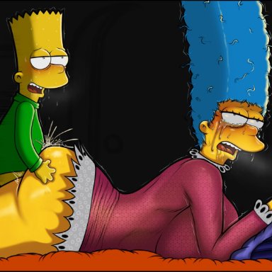 ambiguous penetration, bart simpson, bed, blue hair, female, male, marge simpson, pillow, sherlock12, tagme, the simpsons, yellow skin