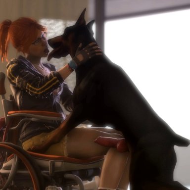 1boy, 1girl, 2016, 3d, absurdres, animated, barbara gordon, batgirl, batman (series), bestiality, blush, canine, canine penis, clothed, clothes