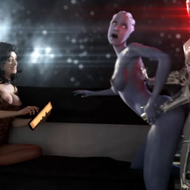 1boy, 2girls, 3d, animated, areolae, asari, big breasts, bouncing breasts, breasts, female, from behind, large breasts, liara t'soni, male, mass effect