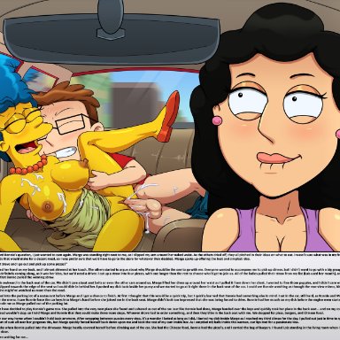 1boy, 2 females, age difference, american dad, ass, bonnie swanson, breasts, brown hair, car, crossover, cum, cum inside, english text, family guy, inside car