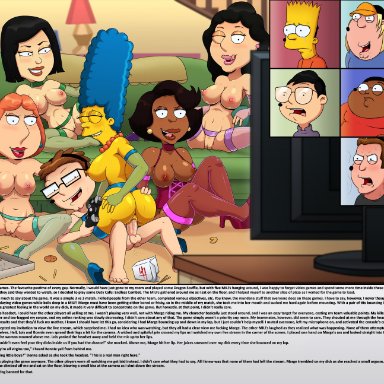 1boy, 5 females, 5 girls, age difference, american dad, ass, bart simpson, bonnie swanson, breasts, chris griffin, cleveland brown jr., cowgirl position, crossover, donna tubbs, english text