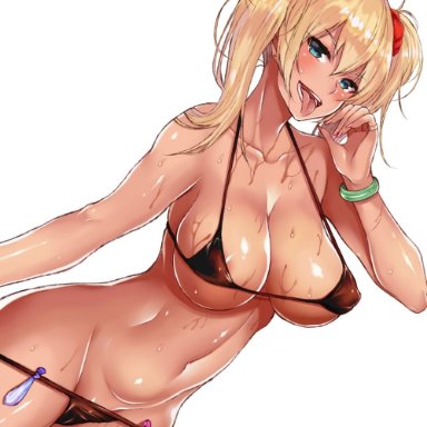 arm at side, bangs, bare arms, bare shoulders, bikini, black bikini, black ribbon, blonde hair, blue eyes, blush, bracelet, breasts, cleavage, commentary request, condom