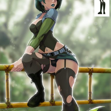 black panties, female, garter belt, goth, green eyes, green hair, gwen, panties, solo, stockings, total drama island, tovio rogers, upskirt