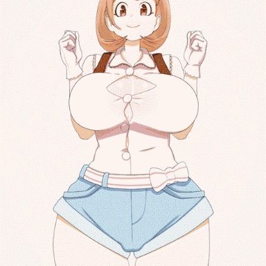 animated, animated gif, auburn hair, blue shorts, bouncing breasts, brown eyes, button shirt, cameltoe, cleavage, crystalcheese, curvy, female only, gif, happy, narusawa ryouka