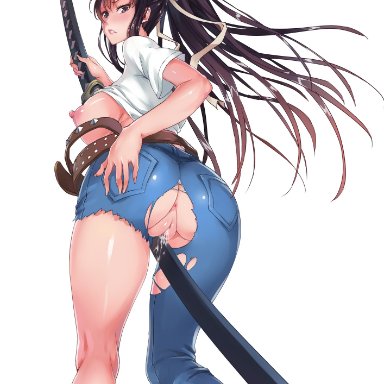 ass, asymmetrical clothes, belt, bent knees, black hair, blue pants, breasts, denim, female, from behind, from below, grinding, hair ribbon, highres, jeans