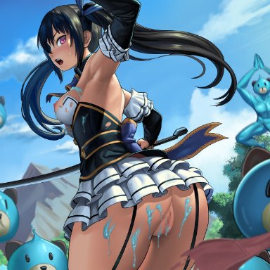 arm up, armpits, ass, assisted exposure, bangs, bare shoulders, blue ribbon, blurry, breasts, choujigen game neptune, depth of field, detached sleeves, dissolving clothes, female, from behind