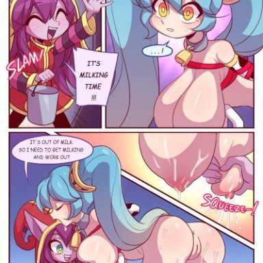 2girls, anus, areolae, ass, bent over, blue hair, blush, bondage, breast squeeze, breasts, bucket, comic, cow bell, cow print, english text