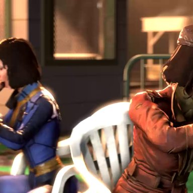 2boys, 2girls, 3d, animated, clothed, dude017, erection, fallout, fallout 4, fellatio, female, human, male, no sound, nora (fallout 4)