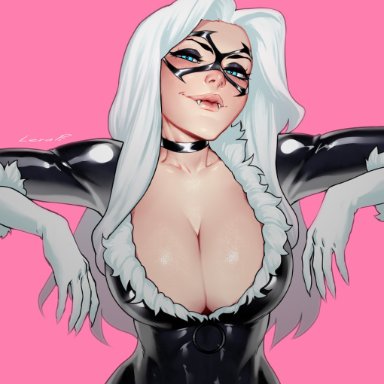 big breasts, black cat, blue eyes, breasts, cleavage, felicia hardy, female, female only, large breasts, lerapi, looking at viewer, marvel, solo, spider-man (series), white hair