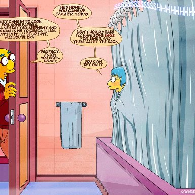 animated, bart simpson, bent over, big ass, big breasts, blue hair, blush, cheating, closed eyes, glasses, hand on hip, kirk van houten, kogeikun, luann van houten, muscular male