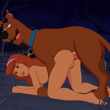 all fours, anal, anal sex, animated, anthro, balls, breasts, canine, daphne (scooby-doo), doggy style, erect nipples, female, feral, from behind position, human