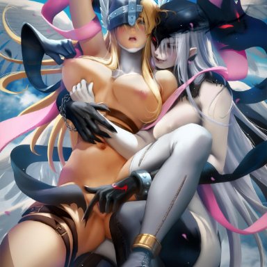 2girls, angel wings, angewomon, areolae, arms behind head, artist name, bare shoulders, blonde hair, blue eyes, breast grab, breast press, breasts, chains, claws, cleavage