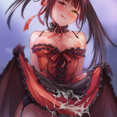 :p, :q, bangs, bare shoulders, black gloves, black legwear, black neckwear, blush, breasts, breasts outside, censored, closed mouth, contrapposto, cum, cum on clothes