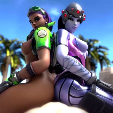 1boy, 2girls, 3d, animated, blue skin, breasts, buttjob, dark skin, dark-skinned female, double buttjob, interracial, its-gergless, nipples, overwatch, sombra