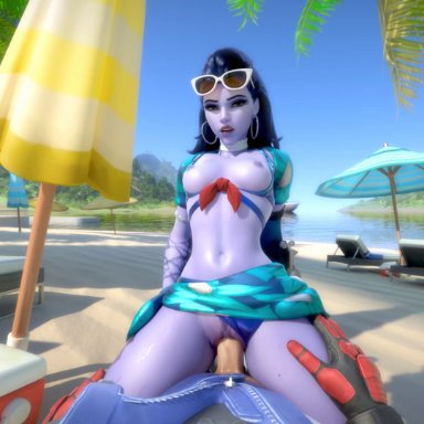 3d, alternate costume, animated, beach, black hair, breasts, brown eyes, cote d'azur widowmaker, cowgirl, ellowas, loop, open mouth, overwatch, pubic hair, purple skin