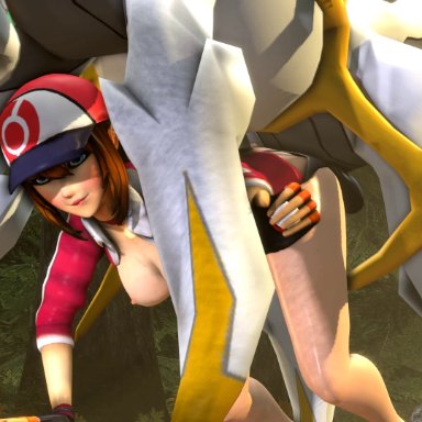 1boy, 1girl, 3d, ahe gao, all fours, arceus, ass, blue eyes, blueberg, bouncing breasts, breasts, brown hair, deity, female, female protagonist (pokemon go)