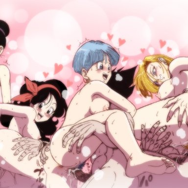 4girls, android 18, anus, areolae, ass, black eyes, black hair, blonde hair, blue eyes, blue hair, blush, bracelet, breasts, bulma briefs, chichi