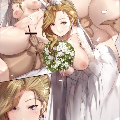 :&gt;=, 1boy, agovitch, anal, asymmetrical bangs, azur lane, bangs, bar censor, between breasts, blonde hair, blue eyes, border, bouquet, breast grab, breasts