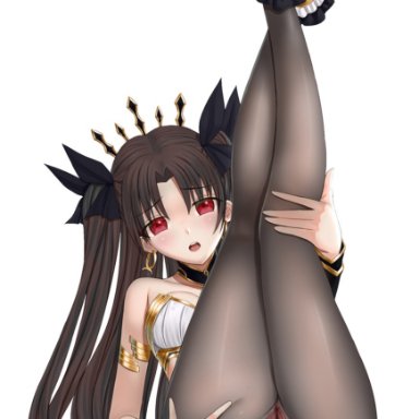 arisku, armlet, ass, bangs, bare shoulders, black legwear, black ribbon, blush, breasts, brown hair, chestnut mouth, collar, crotch seam, earrings, eyebrows visible through hair