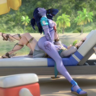 2girls, alternate costume, areolae, blender, breast grab, breasts, cote d'azur widowmaker, ellowas, female, female only, mercy, nipples, overwatch, widowmaker, winged victory mercy